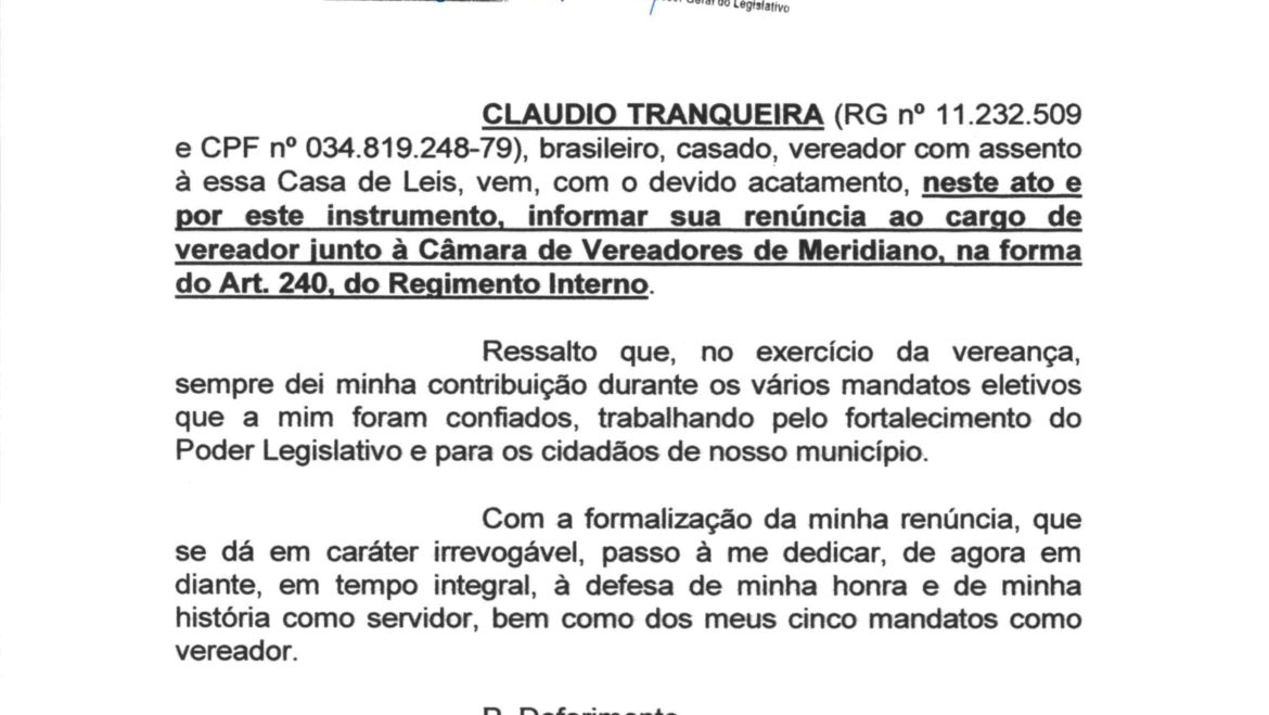 Renúncia ao cargo de vereador – Claudio Tranqueira